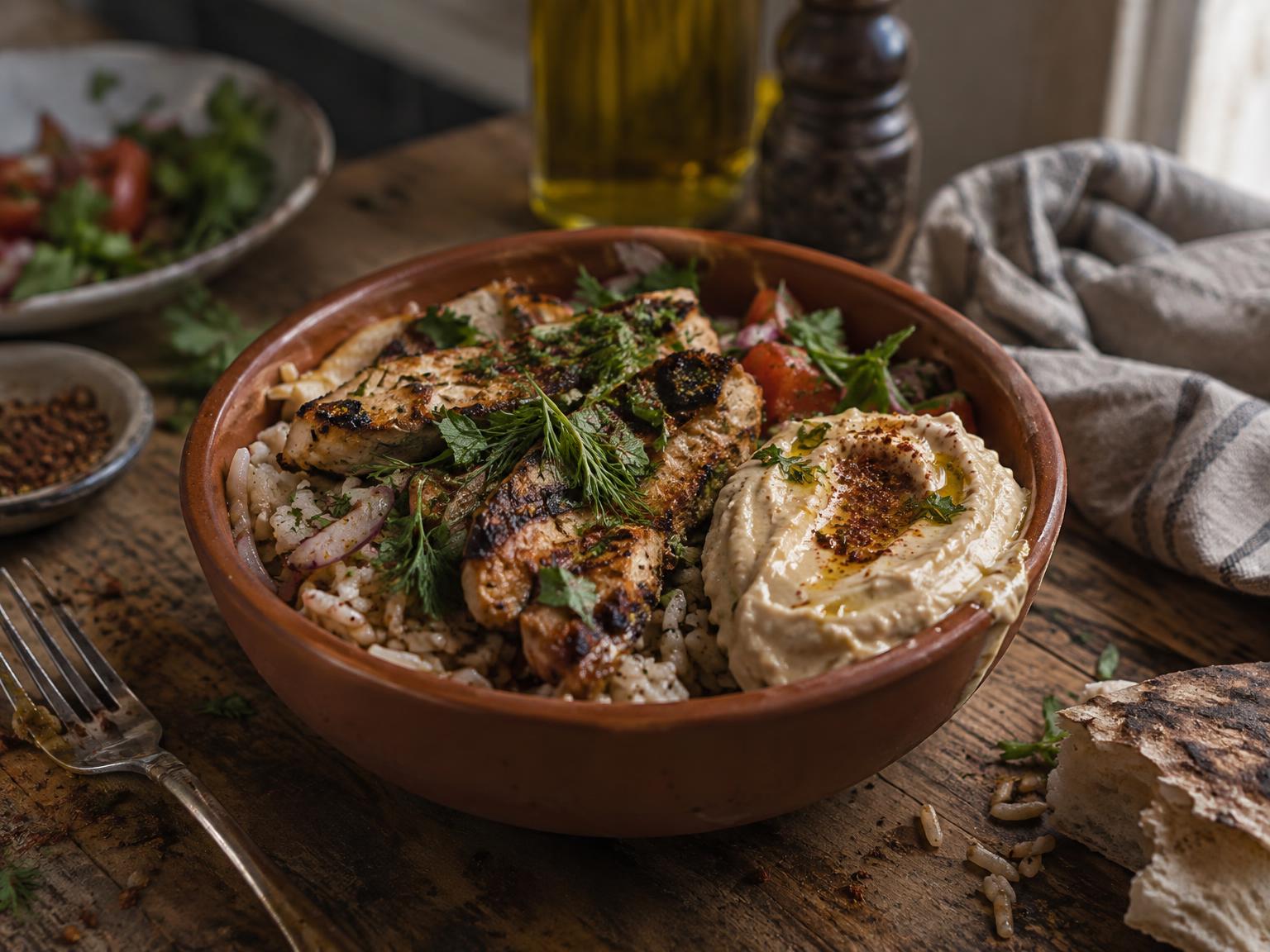 Marinated grilled chicken rice bowl with hummus, tomatoes and cucumber